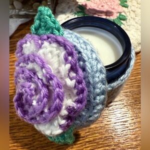 Handmade Crochet Candle Holder with Purple Flower